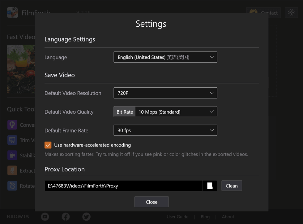 Settings of FilmForth