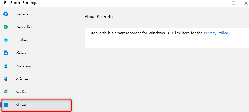 RecForth Settings About