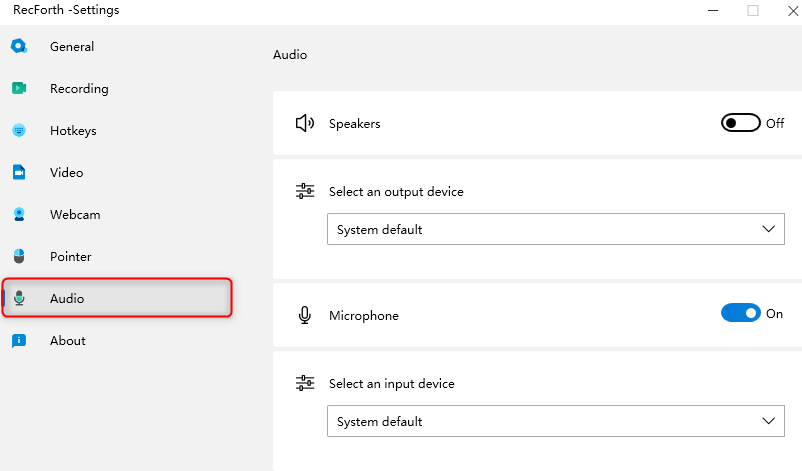  RecForth Settings Audio