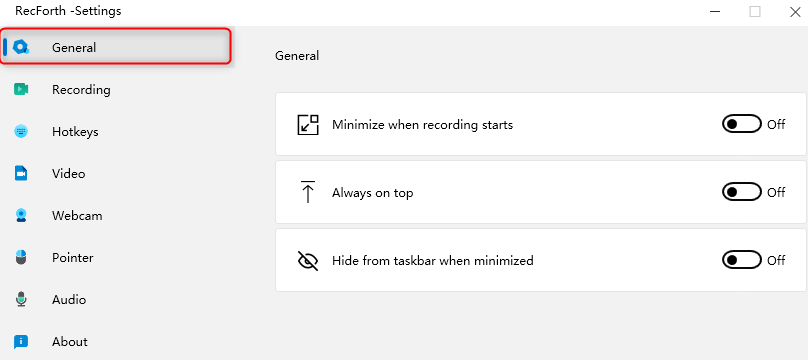 RecForth Settings General