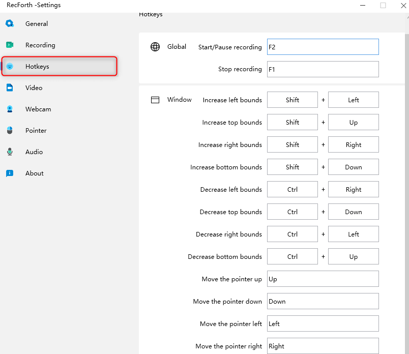 RecForth Settings Hotkeys