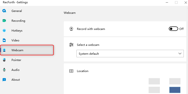 RecForth Settings Webcam