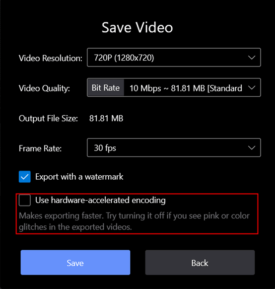 Uncheck Use hardware-accelerated encoding 