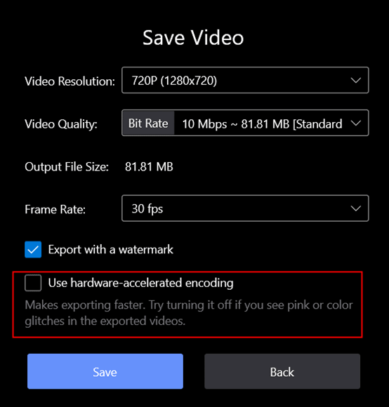 Uncheck Use hardware-accelerated encoding 