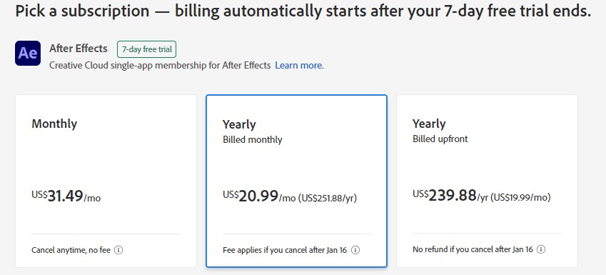 After Effects Pricing