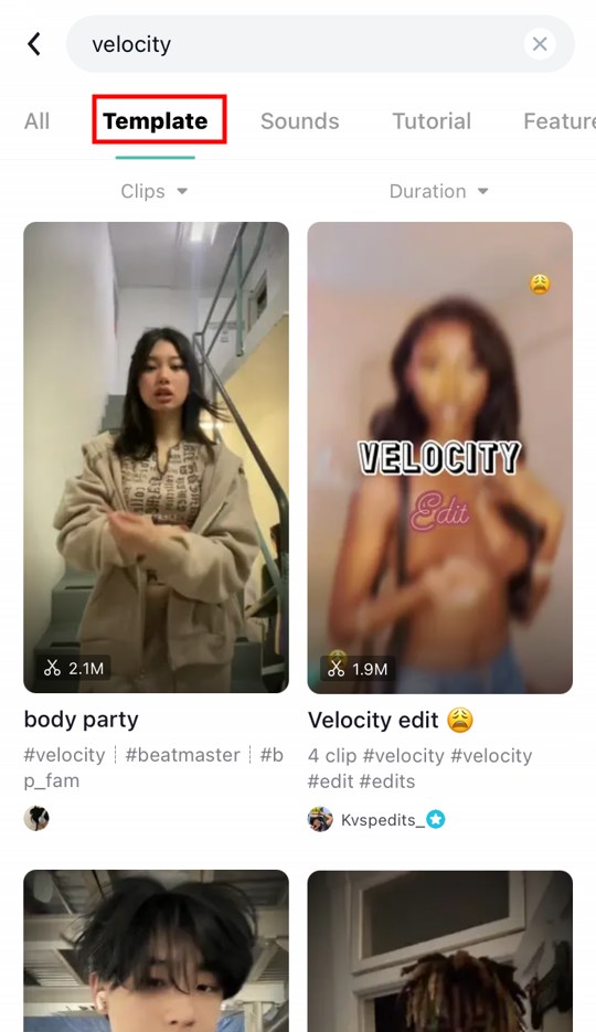 Search Velocity templates on CapCut