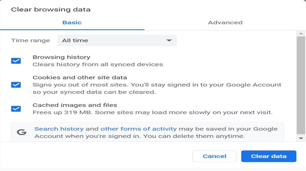 Clear Browsing Data on Chrome