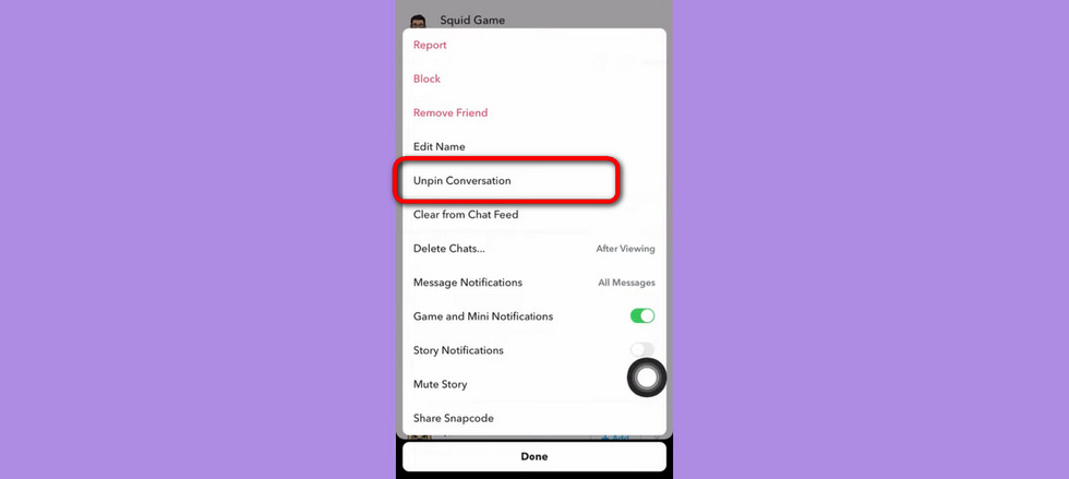 Unpin Conversation or Person on Snapchat