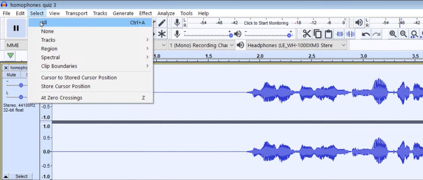 Select the Entire Audio Track in Audacity