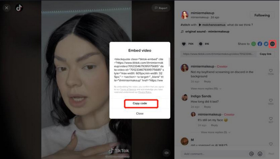 Copy the Code of the TikTok Video