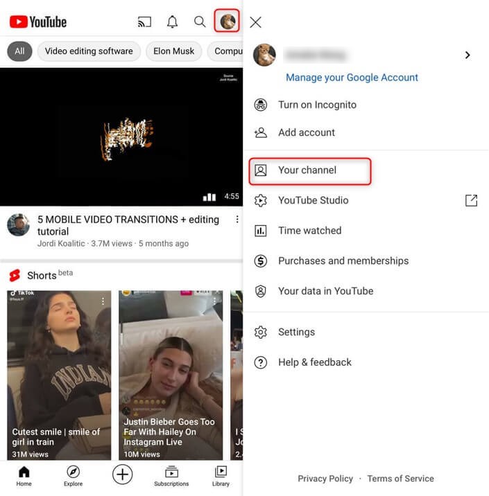 Tap Your Profile Picture and Choose Your Channel